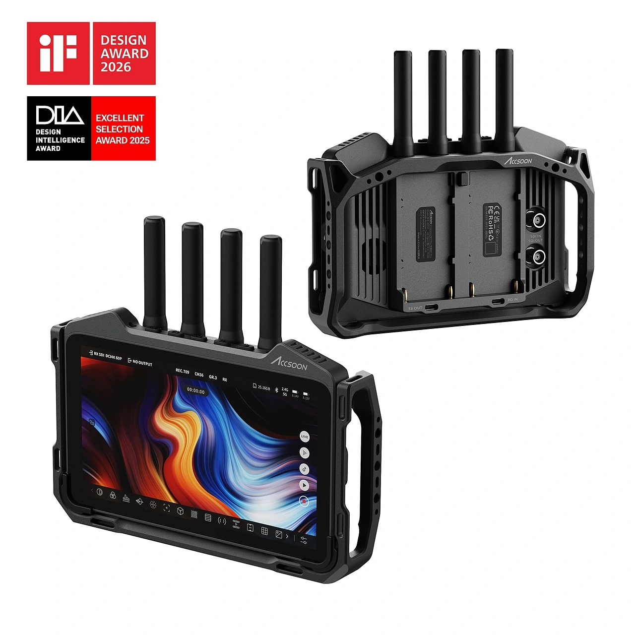 CineView M7 Pro 前后视角与 iF、DIA 获奖标志