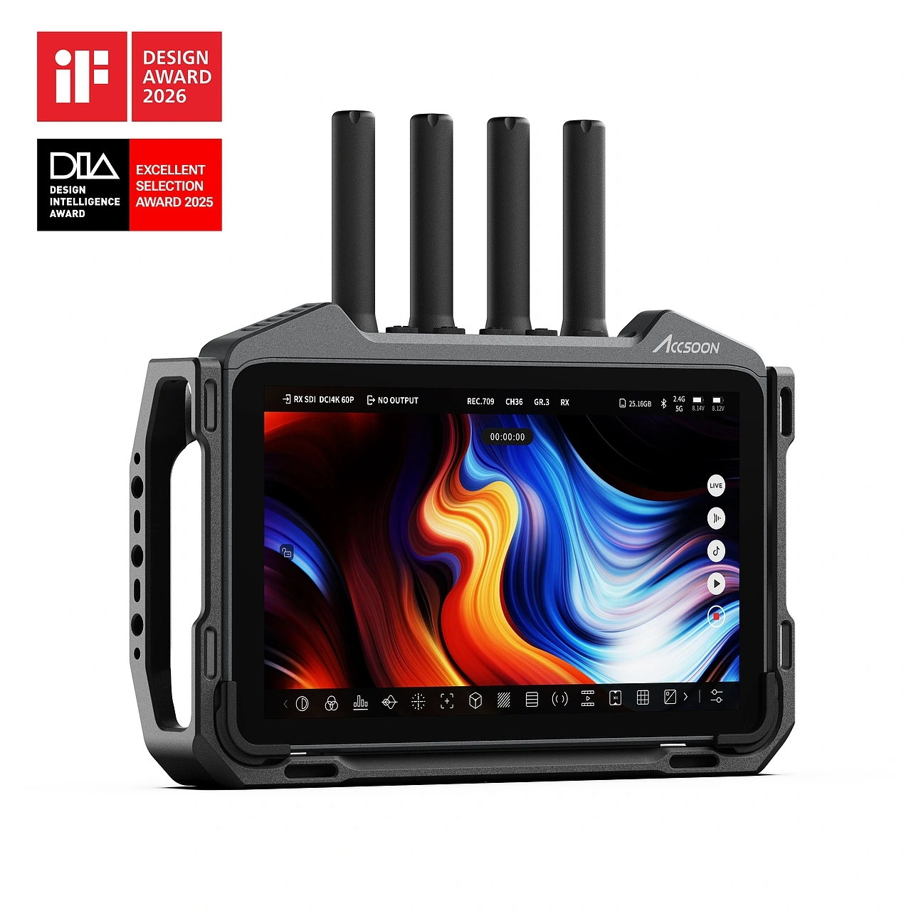 CineView M7 Pro,以及 iF Design Award 2026 和 DIA Excellent Selection Award 2025 获奖标志