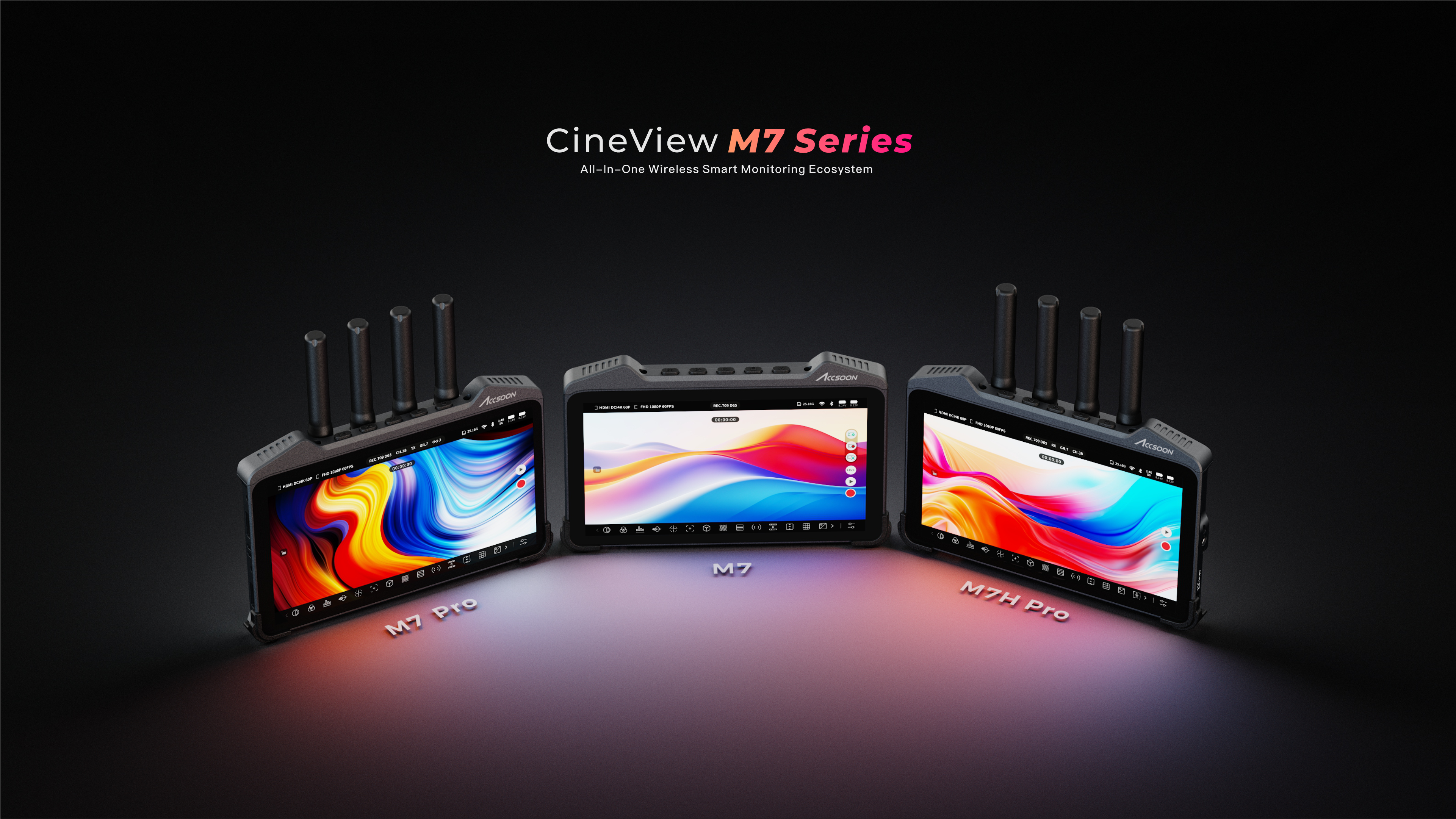 系列展示 / CineView M7 Pro、M7 与 M7H Pro，产品渲染。